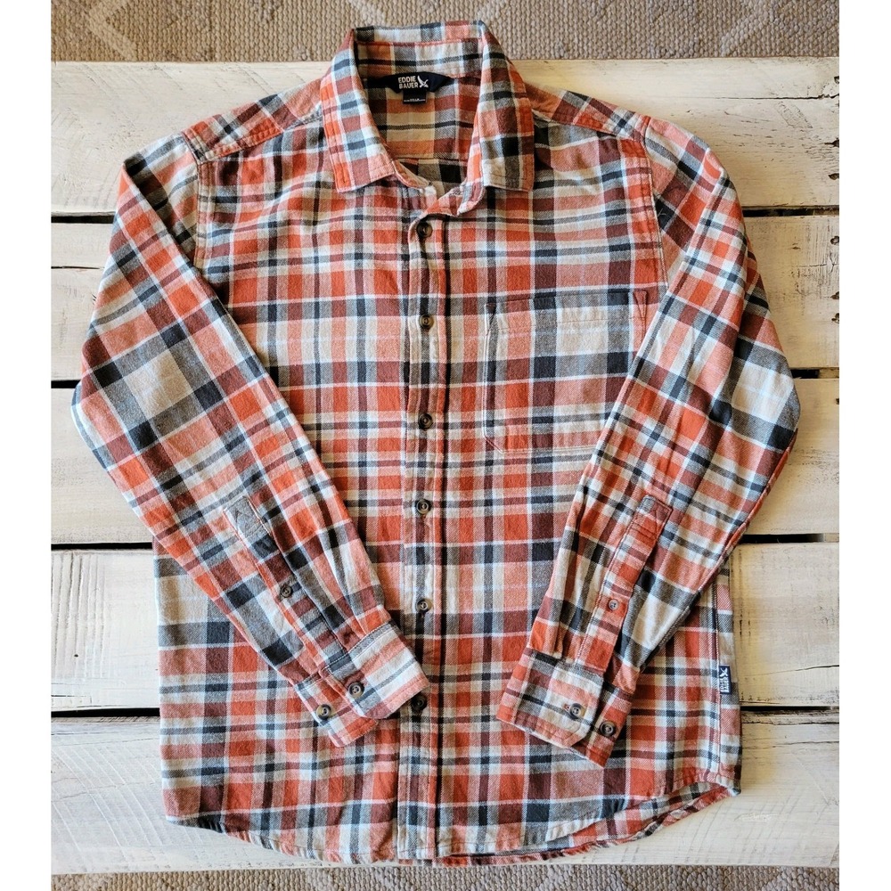 Eddie Bauer Mens Flannel Shirt Long Sleeve Button Up Orange Plaid Small